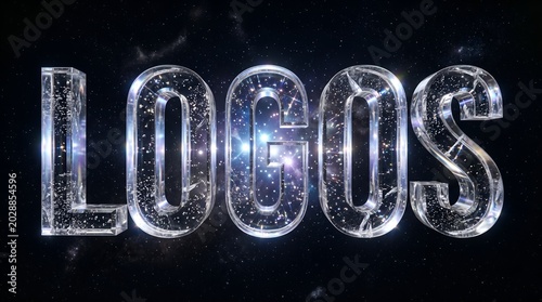 3D glass LOGOS text with nebula space textures for brand identity and metaphysical philosophy logic concept art
