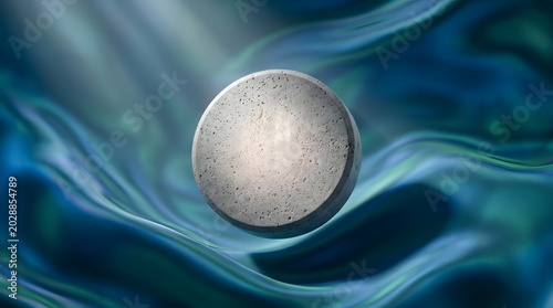 Silver coin or pill floating on blue background with abstract energy waves for medical tech or finance
