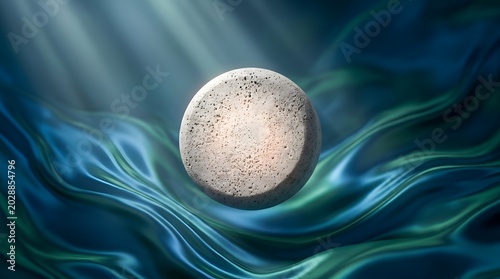 Silver coin or pill floating on blue background with abstract energy waves for medical tech or finance
