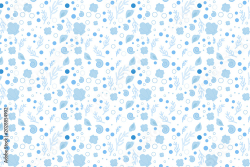 Foto Patron vectorial de mar, oceano, conchas de mar, coral y burbujas