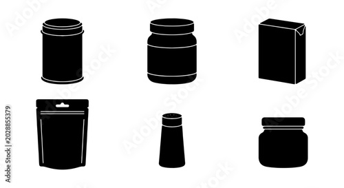 Set of various food packaging icons, including jars, containers, pouches, and boxes for grocery products
