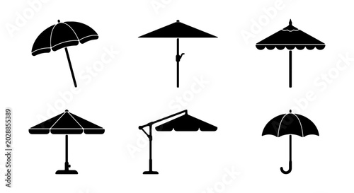 Fotografía Set of black silhouettes of various umbrellas, including beach, patio, cantileve