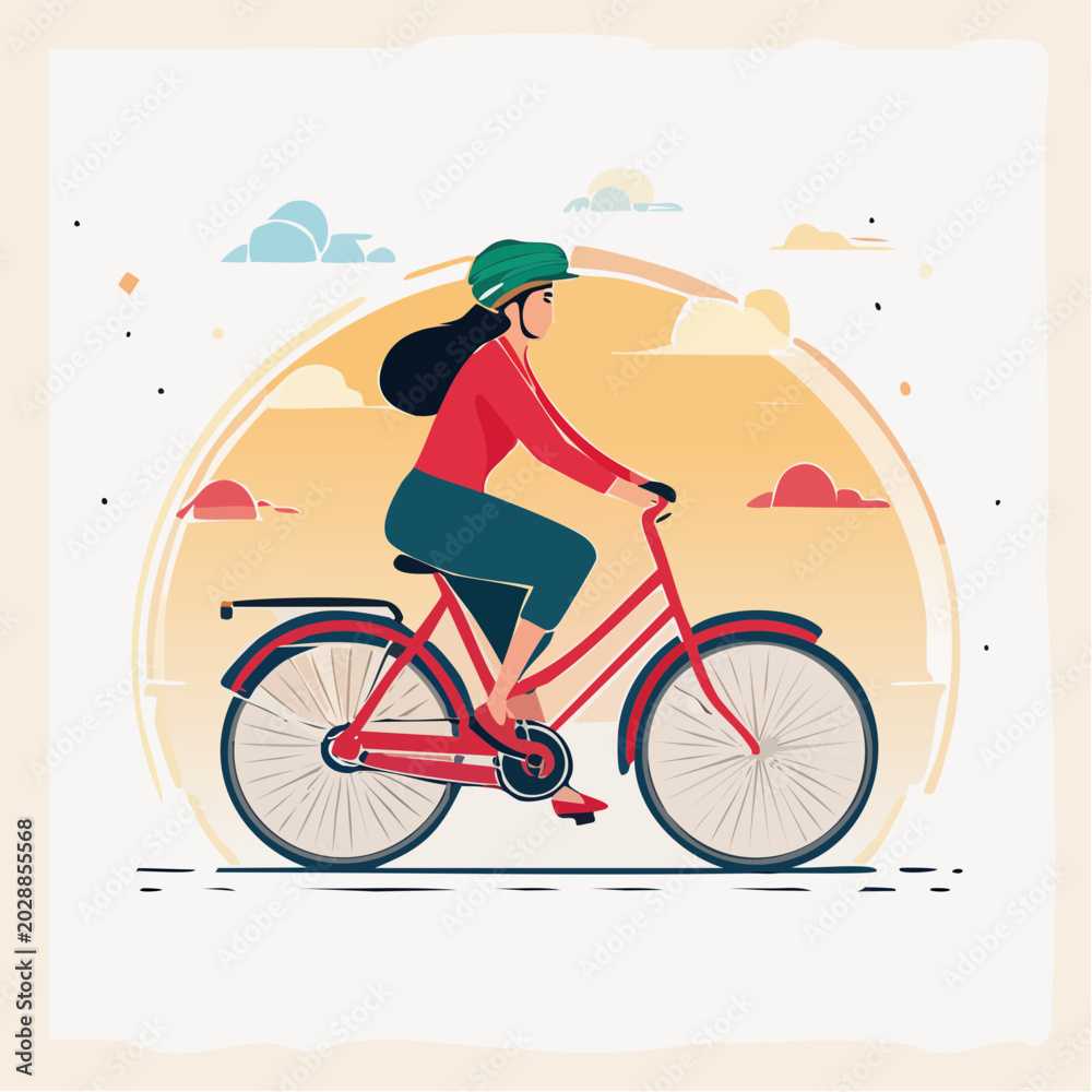 Fototapeta premium Woman Riding Bicycle with Helmet at Sunset