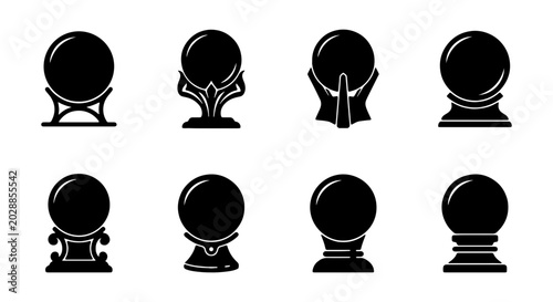 Bild auf Leinwand Set of crystal ball icons, fortune teller magic spheres on various stands