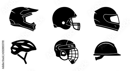 Bild auf Leinwand Set of various protective helmets for sports and construction work