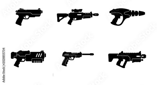 Schilderij op canvas Set of futuristic weapon icons, scifi guns and blaster silhouettes