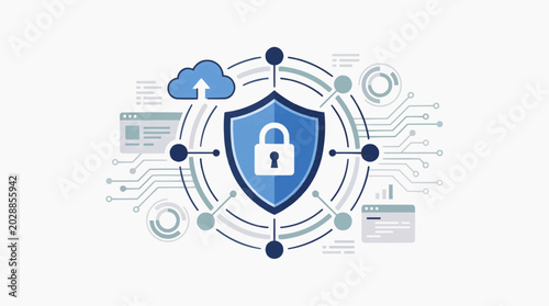 Stock Vector: Cybersecurity Shield with Lock, Cloud Upload and Digital Circuit Icons