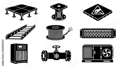 Black icon set of industrial equipment including solar panel, warning sign, cable tray, wire spool, server cabinet, pipeline valve, and control panel on a white background, presenting a professional
