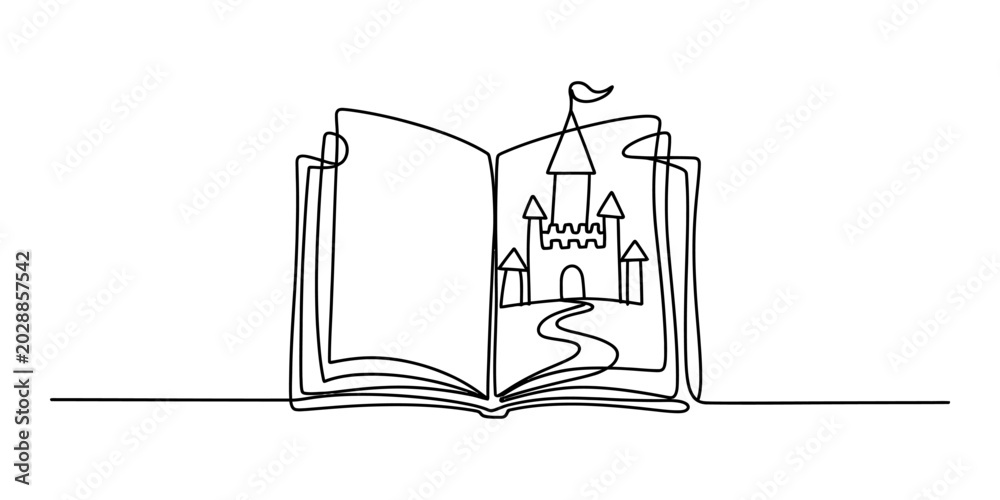 Obraz premium Continuous single line drawing of an open book with a fantasy castle and a winding path inside the pages showing a magical story concept art Vector, illustration