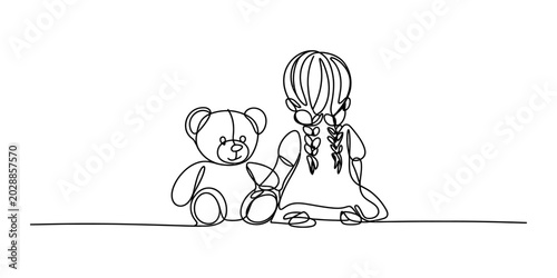 Fotografia Little girl sitting with her teddy bear toy drawn in a continuous single line ar