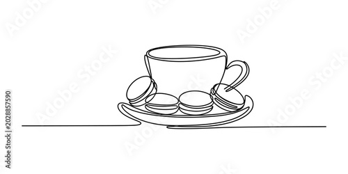Canvastavla Continuous single line drawing of a coffee cup with sweet macarons on a saucer f