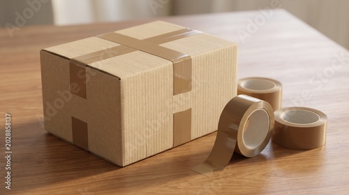 Cardboard shipping box with brown adhesive tape on wooden table.