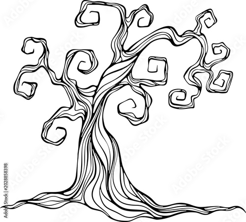 Twisted dry decorative tree. Dead tree. For Halloween decor, coloring page, poster, spooky cartoon design. Vector illustration in hand drawn doodle sketch style. Line art isolated on white for print