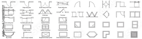 Architectural CAD Door and Window Symbols Diagram Showing Common Door Types and Window Styles