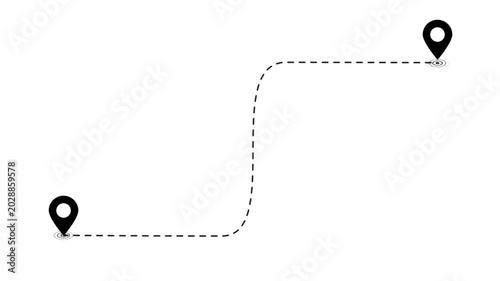 Animated map route path with location pins, travel destination connection line, gps navigation concept on white background