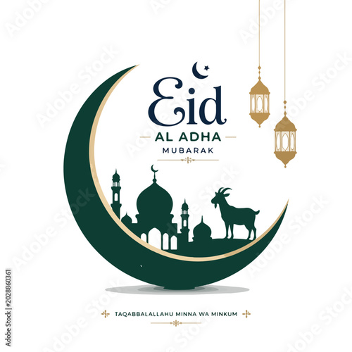 A minimalist flat greeting card with mosque and crescent moon Eid al-adha mubarak