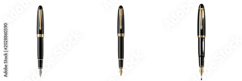 Photography Set of Three Realistic Elegant Black and Gold Luxury Fountain Pen Writing Instru