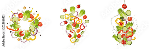 Cuadro en lienzo Set of Three Realistic Flying Fresh Vegetable Salad Ingredients Mix with Lettuce