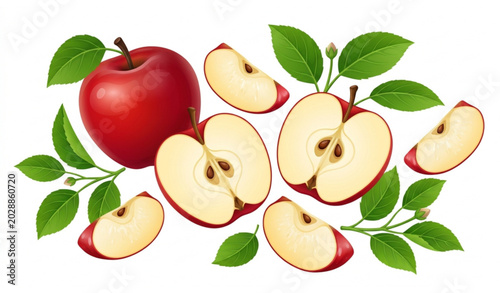 Realistic apple composition pro vector with fresh sliced fruit and green leaves