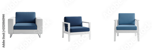 Foto Minimalist White Outdoor Lounge Chair Pack with Navy Blue Fabric Cushions