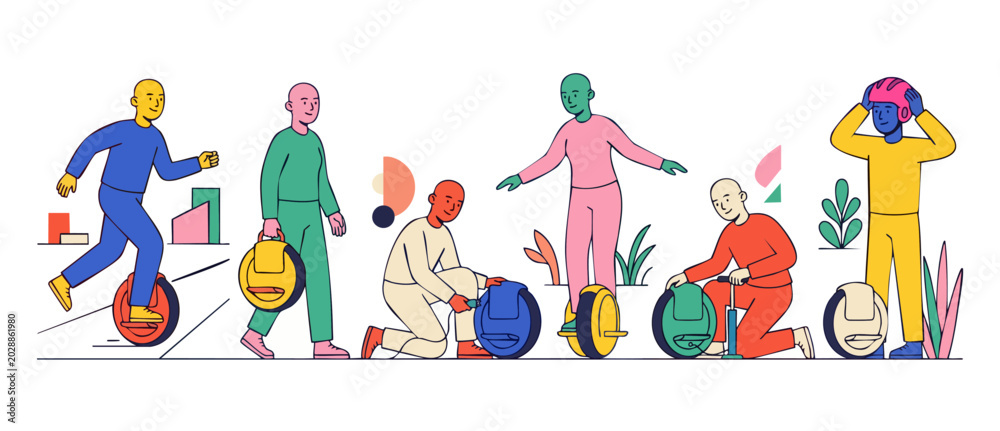 Fototapeta premium People riding electric unicycles, group activity with self-balancing scooters, urban personal transport illustration in modern flat minimalist style, commuters preparing for city travel lifestyle.
