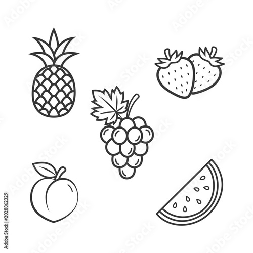 Fruit coloring page vector set with simple outline pineapple strawberry and watermelon for kids