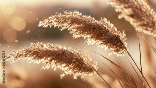 Golden hour nature serenity is captured with pampas grass swaying gently in the breeze, illuminated by a warm sun flare and soft bokeh. This peaceful outdoor scene evokes feelings of calm and relaxati