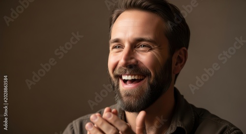 Smiling bearded man laughing happily