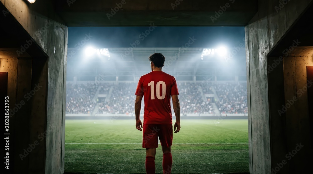 Fototapeta premium Soccer player in red number 10 kit standing at rectangular stadium tunnel