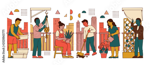 Tableau sur toile People gardening on balcony apartment, group activity urban lifestyle illustration