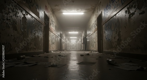 Mysterious dark hallway with two open doors and light inside