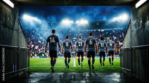 Soccer players entering field from concrete stadium tunnel