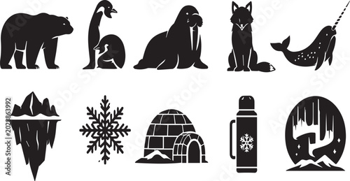 Photography Collection of Black Silhouette Arctic Animal and Winter Icons: Polar Bear, Pengu