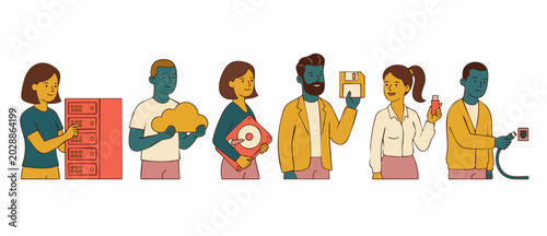 Obraz na płótnie IT Professionals Digital Storage Technology Icons, diverse people holding server