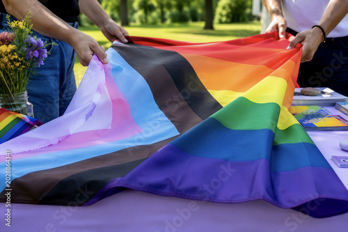 Two people unfold a colorful progress pride flag over a table during a community event in a sunlit outdoor park setting.
