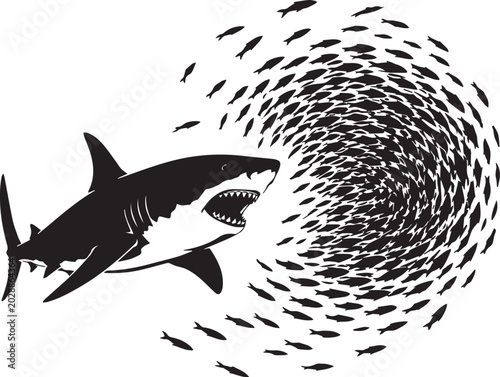 Foto Black and white vector illustration of a great white shark hunting a massive school of fish in a circular bait ball formation, perfect for ocean conservation or marine biology designs