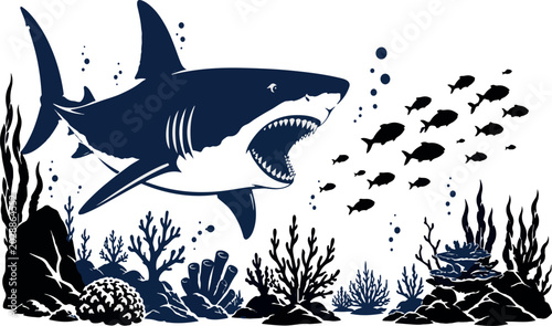 Bild auf Leinwand Scary Shark Underwater Scene Vector Art - Fierce Great White Predator with Open Mouth Chasing Small Fish School - Coral Reef and Sea Life Silhouette Graphic for Stickers and Prints