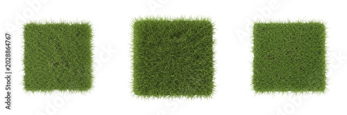 Square green grass patches set with realistic tufts texture, top view lush lawn sod field plots isolated on transparent background, high-quality landscape design and architectural layout element PNG c