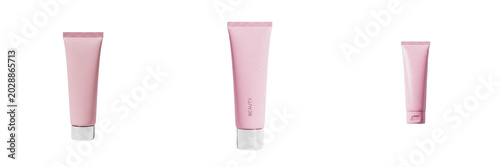 Foto Set of pink cosmetic squeeze tubes blank plastic cream containers mockup isolate