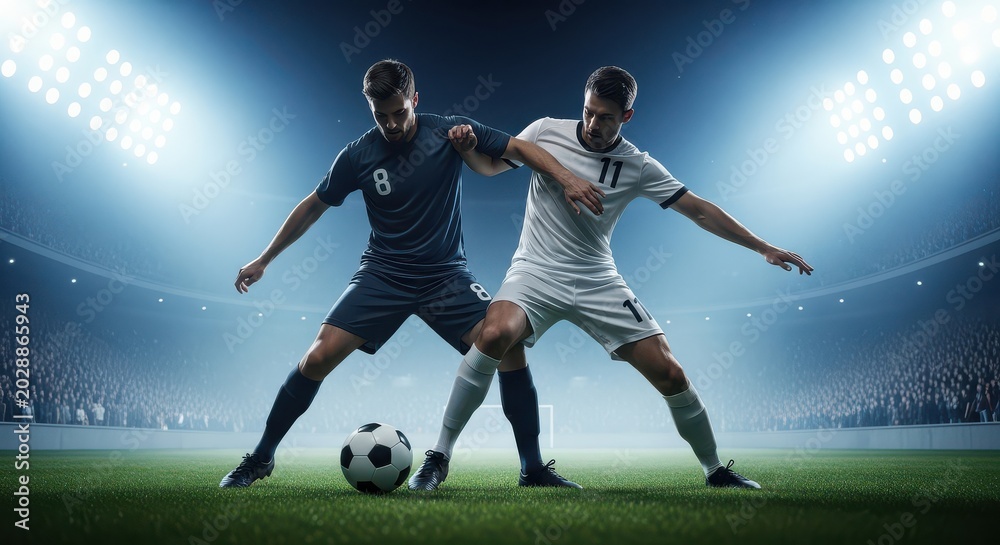 Naklejka premium Two soccer players contesting ball in floodlit stadium