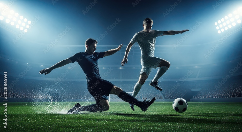 Naklejka premium Sliding tackle during soccer match in stadium