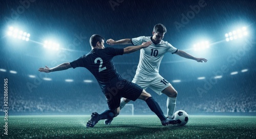 Soccer tackle between number 2 and number 10 players in rain