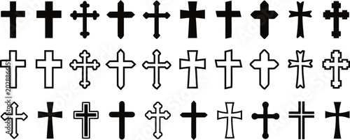 Collection of various cross symbols in black and white silhouette
