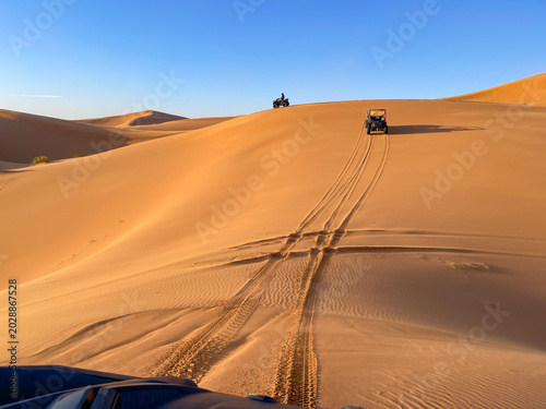 Quadro su tela Off road vehicles crossing golden desert dunes under clear blue sky adventurous