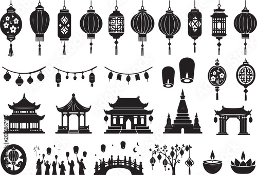 Fotografija Traditional Asian Lantern and Pagoda Silhouette Vector Set: Iconic Symbols for C