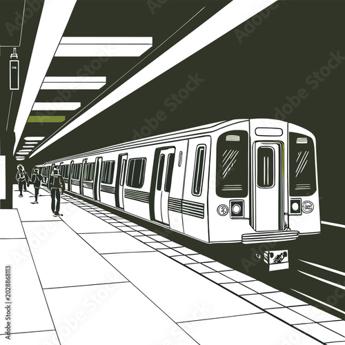 Fotografie Modern Metro Train with Glowing Headlights in Atmospheric Underground Transit Hub