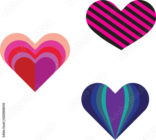 Colorful Decorative Hearts Vector Set - Layered Striped Gradient Heart Icons
