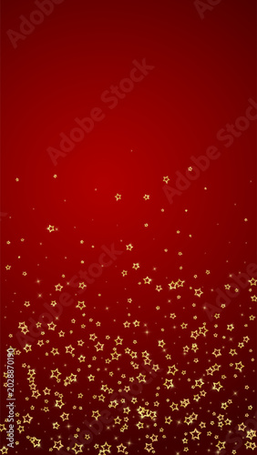 Twinkle stars scattered around randomly, flying, falling down, floating. Christmas celebration concept. Festive stars vector illustration on red background.