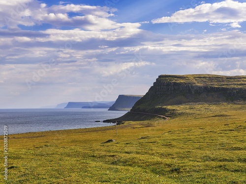 Barren coastal landscape with cliffs at the Denmark Strait, Cape Bjargtangar, Látrabjarg, Vestfirðir Peninsula, Westfjords, Iceland