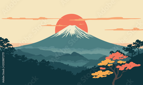 Minimalist Japanese Landscape Vector of Mount Fuji at Sunrise with Red Sun, Clouds, and Autumn Forest Trees in Ukiyo-e Style Illustration for Travel Posters and Calm Backgrounds.